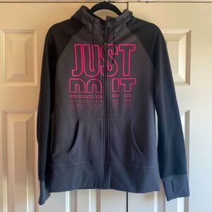 Nike Therma-Fit Fleece Jacket Womens Medium Gray Just Do It Logo Full Zip Hoodie